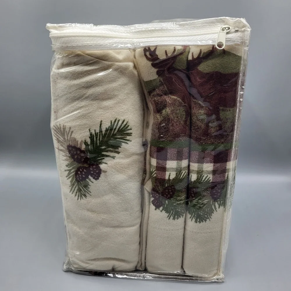 Woolrich Flannel Sheet Set Queen 4pc Moose Mountain Cabin Scenic Cream Green Red